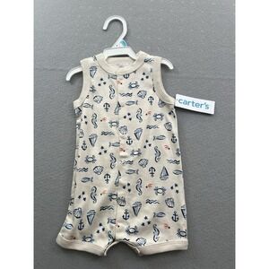 Carters 6 Months Baby Boy Sea Print Snap-Up Cotton Romper Sleeveless Nautical